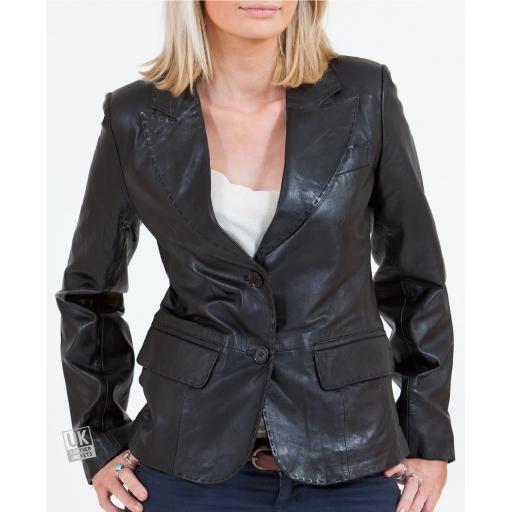 Women's 2 Button Black Leather Blazer - Athena - Main