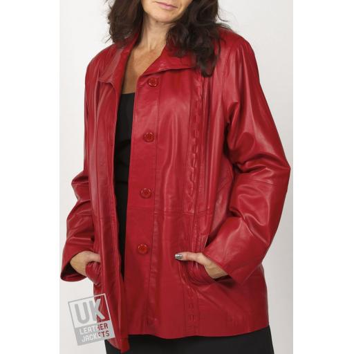 Ladies 3/4 Length Red Leather Jacket - Faith - Plus Size - Front