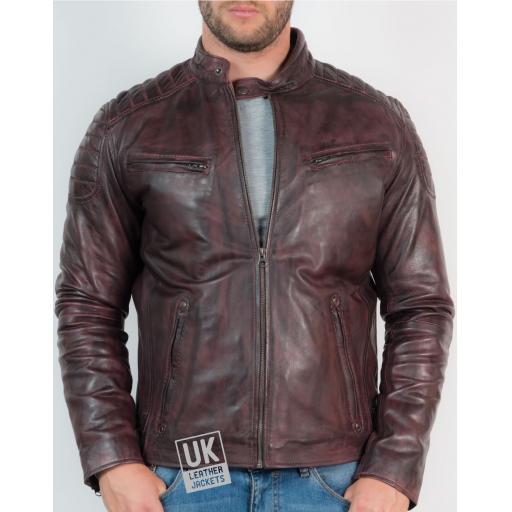 Men’s Leather Biker Jacket - Zurich - Vintage Burgundy - Front