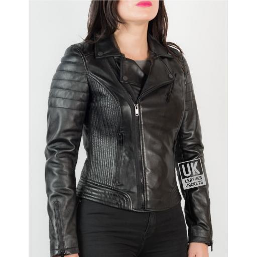 Womens Cross Zip Black Leather Jacket - Trinity - Front