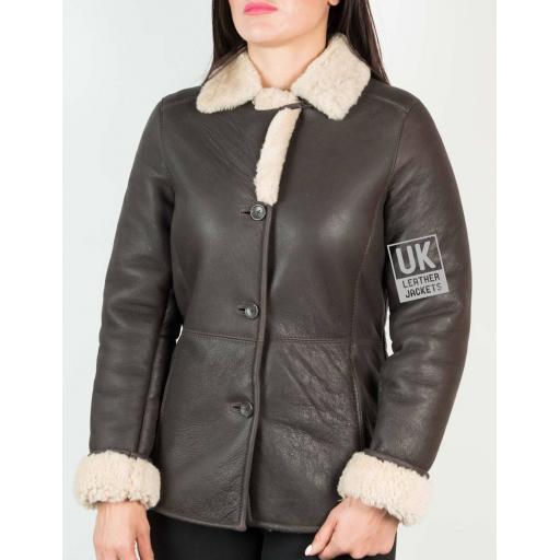 Womens Button Shearling Sheepskin Jacket - Hip Length - Nita - Buttoned Front