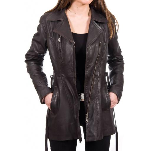Women's Brown Leather Coat - Penny - Front 2