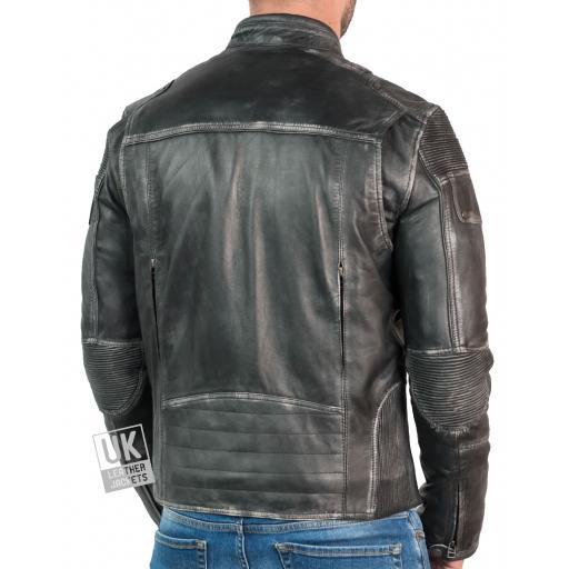 Mens Black Leather Biker Jacket - Accent - Back