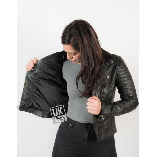 Womens Asymmetric Leather Biker Jacket - Grunge Black - Lining