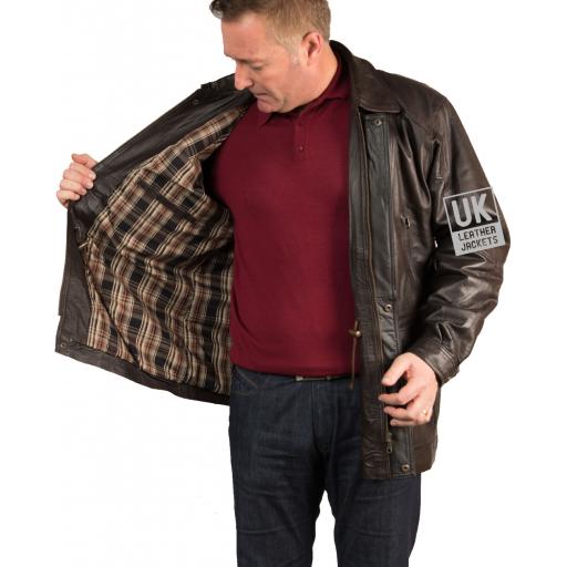 Men's Matt Brown Leather Parka Coat - Berwick - Lining