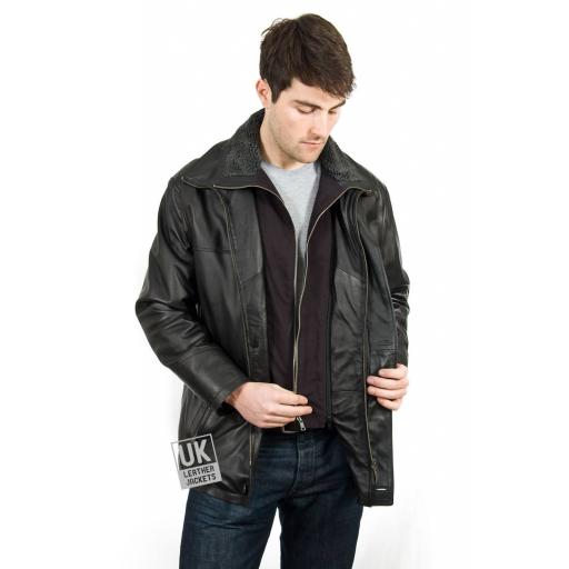 Men's Leather Coat in Black - Elswick - Fleece collar insert