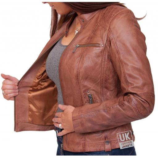 Womens Leather Biker Jacket - Jasmine - Vintage Tan - Lining
