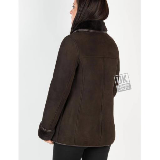 Womens Brown Shearling Sheepskin Jacket - Hip Length - Dana - Back