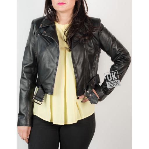 Womens Black Leather Biker Jacket – Cropped Length - Unzipped