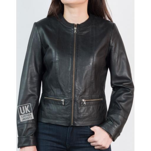 Womens Collarless Black Leather Jacket - Kilder - Front