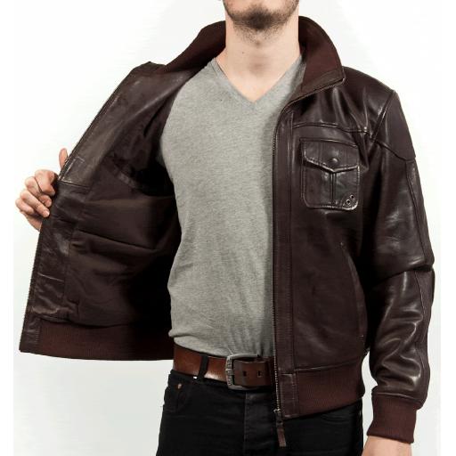 Men's Brown Leather Bomber Jacket - Pacer - Lining