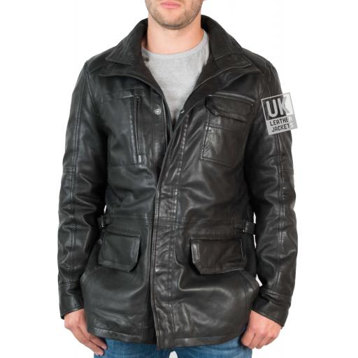 Men's Hip Length Leather Jacket - Marquis - Font  Zipped