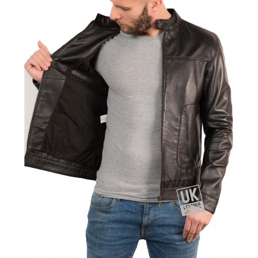 Men's Black Leather Biker Jacket - Xen - Lining