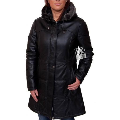 Women's Black Leather Quilted Coat with Hood - Alicia
