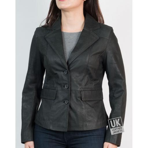 Womens Black Nubuck Leather Blazer - Vintage Matt - Front