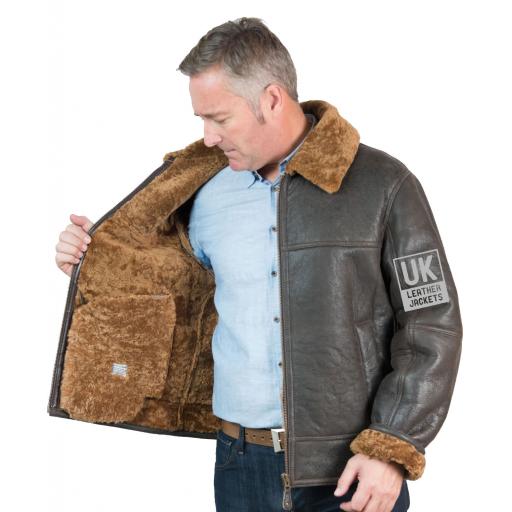 Mens Shearling Sheepskin Flying Jacket - Calibre - Brown Wool - Full wool Interior