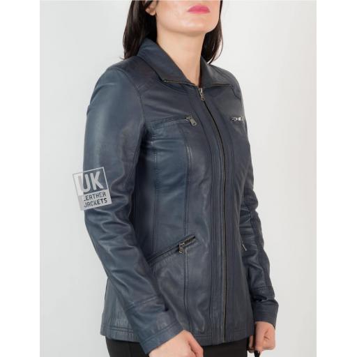 Womens Blue Leather Jacket - Muse - Hip Length - Front