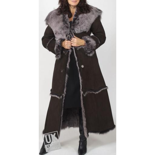 Finest Full Length Hooded Toscana Lambskin Coat in Brown - Luna - Front 2