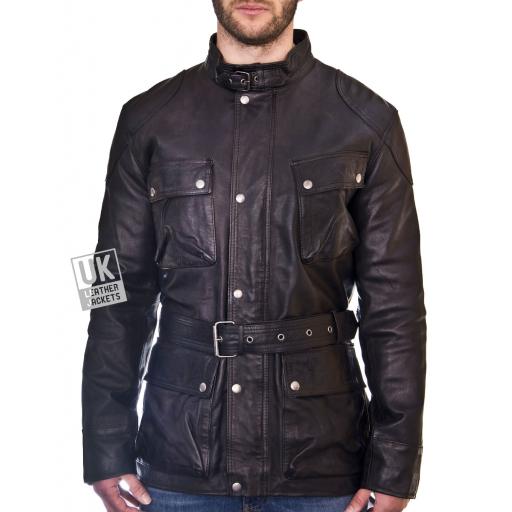Mens Hip Length Leather Jacket - Longhurst - Black - Front Belted