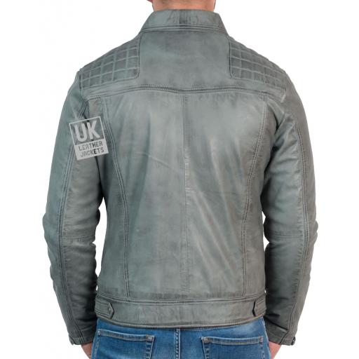 Mens Leather Biker Jacket - Hurricane - Vintage Grey - Back
