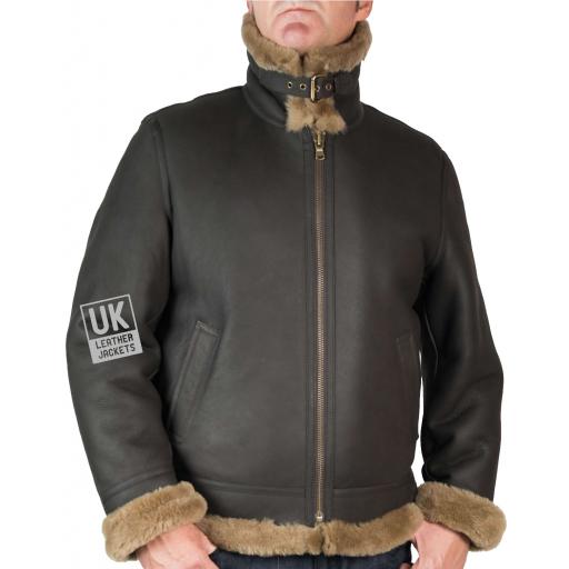 Mens Finest Shearling Aviator Jacket - Semi-Matt Brown / Brown Wool - Wind Collar