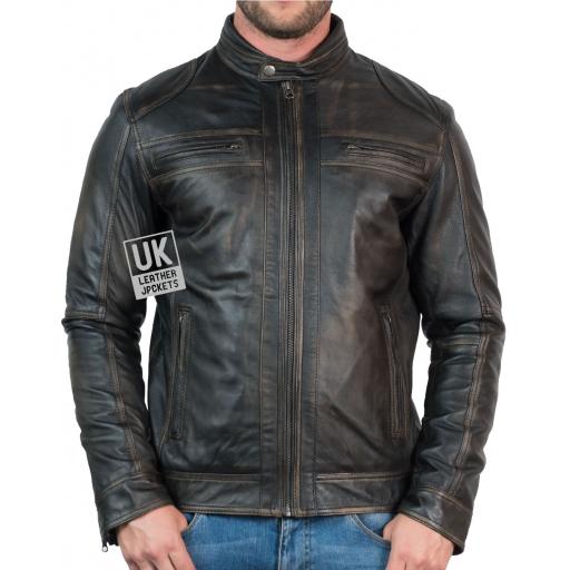 Mens Burnished Black Leather Jacket - Ellin - Front Zipped-up