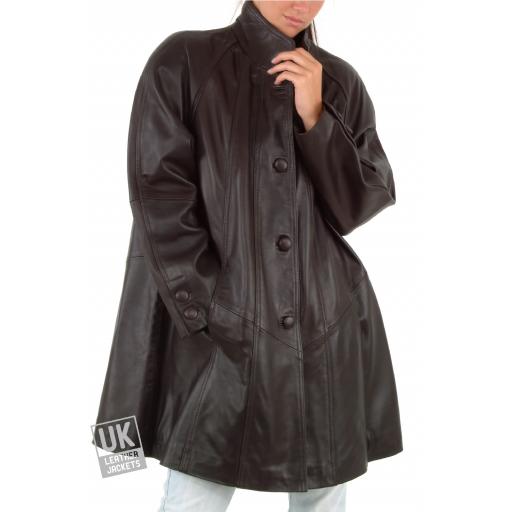 Women's Brown Leather Swing Coat - Plus Size - Delia - Front