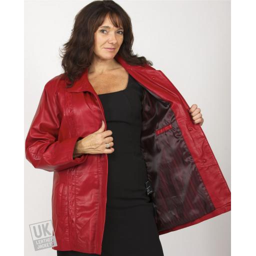 Ladies 3/4 Length Red Leather Jacket - Faith - Plus Size - Lining