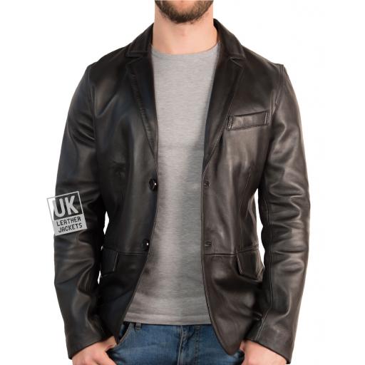 Men's Fitted 2 Button Leather Blazer – Black - Unbuttoned
