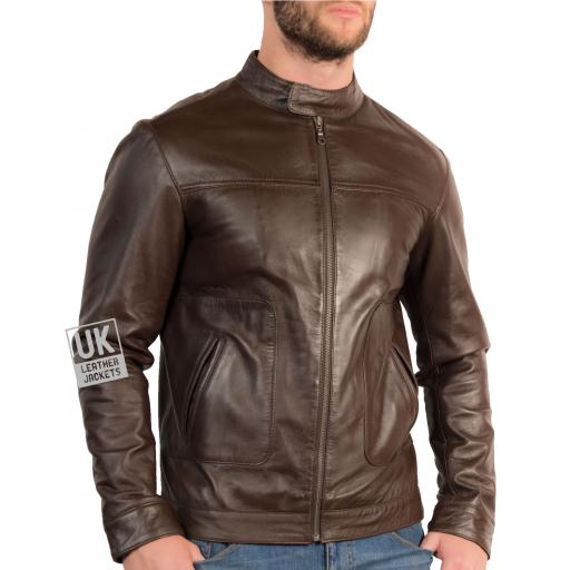 Mens Brown Leather Biker Jacket - Xen - Zipped