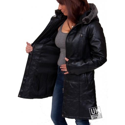 Womens Black Leather Quilted Coat with Hood - Alicia - Lining