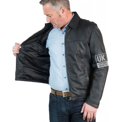 Mens Classic Zip Leather Jacket - Vintage Black - Lining