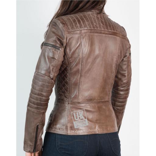 Women's Vintage Brown Leather Biker Jacket - Bonnaire - Back