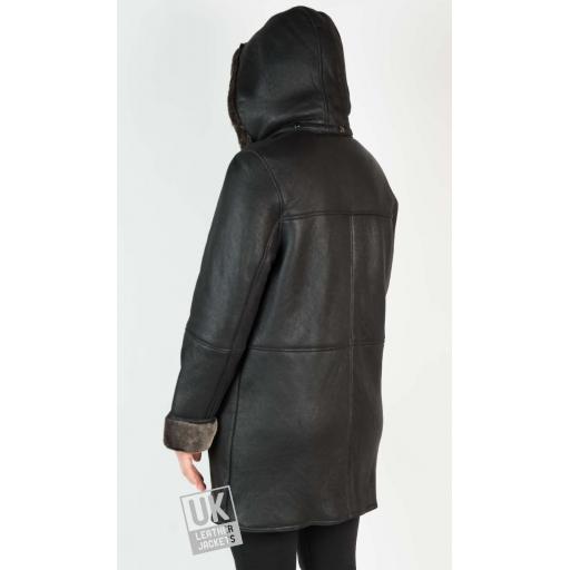 Womens Lambskin Duffle Coat - Detach Hood - Black - Back