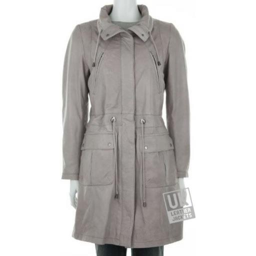 Women's Grey Leather Parka Coat - Hazel - Cover