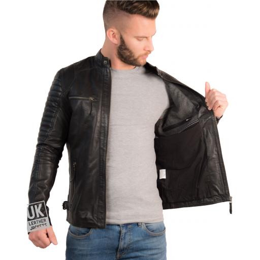 Mens Black Leather Biker Jacket - Cruz - Lining