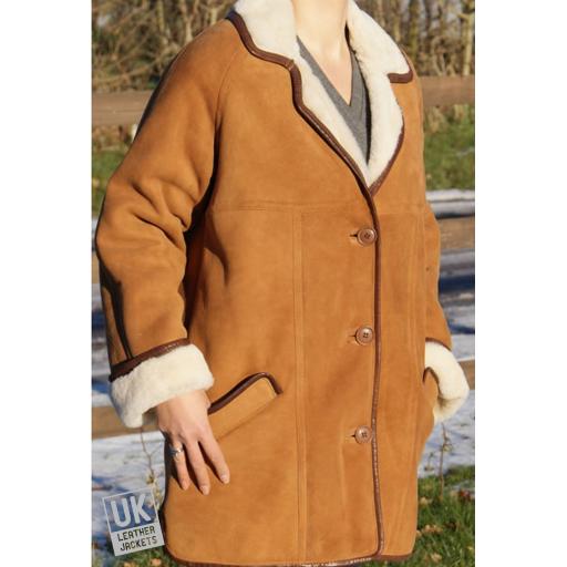 Women's Plus Size Sheepskin Car Coat - Tan - Superior Quality - Front 2