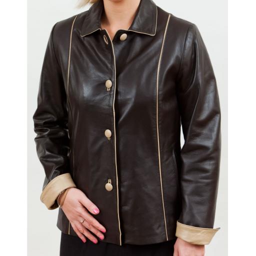 Women's Brown  Leather Jacket  - Cream Leather Trim - Front