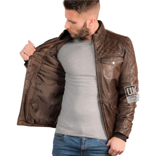 Mens Vintage Racing Leather Jacket - Griffin - Brown - Lining