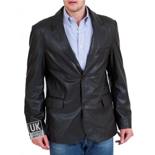 Men's Black 2 Button Leather Blazer - Double Vent - Superior - Buttoned