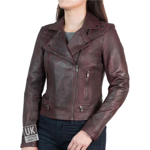 Womens Cross Zip Vintage Burgundy  Leather Jacket - Destiny - front 1