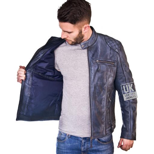 Men's Blue Leather Biker Jacket - Phoenix - Lining