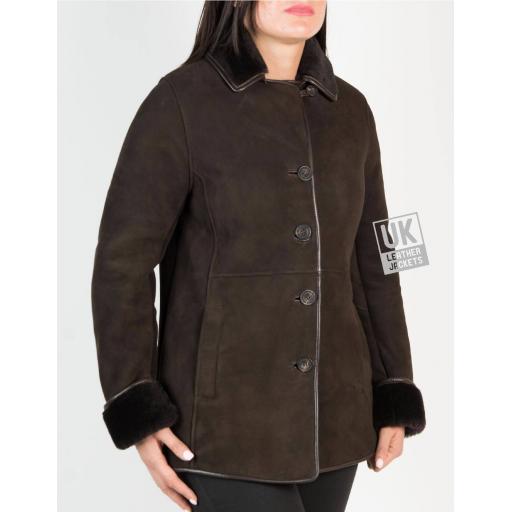 Womens Brown Shearling Sheepskin Jacket - Hip Length - Dana - Button Front