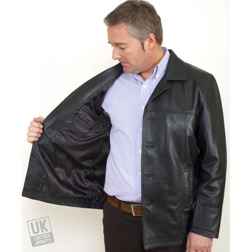 Men's Black Leather Reefer Jacket - Oscar - Lining