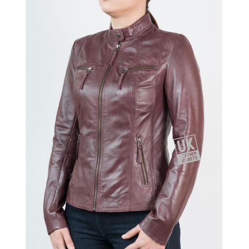Women's Burgundy Leather Jacket - Leone - Zipped