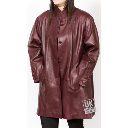 Women's Burgundy Leather Swing Coat - Plus Size - Delia