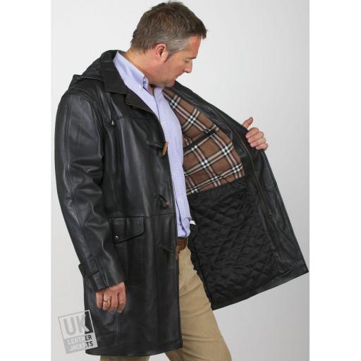Men's Hooded Vintage Black Leather Duffle Coat - Plus Size - Monty - Lining