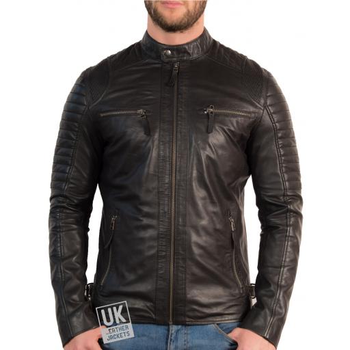 Mens Black Leather Biker Jacket - Cruz - Zipped