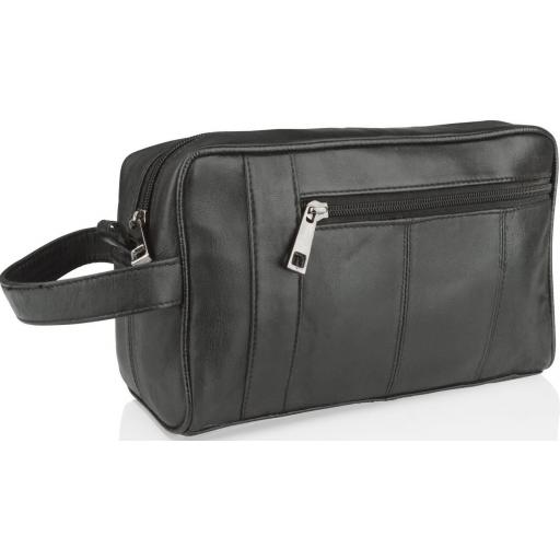 Black Leather Wash Bag - Cousteau - Side View with Handle