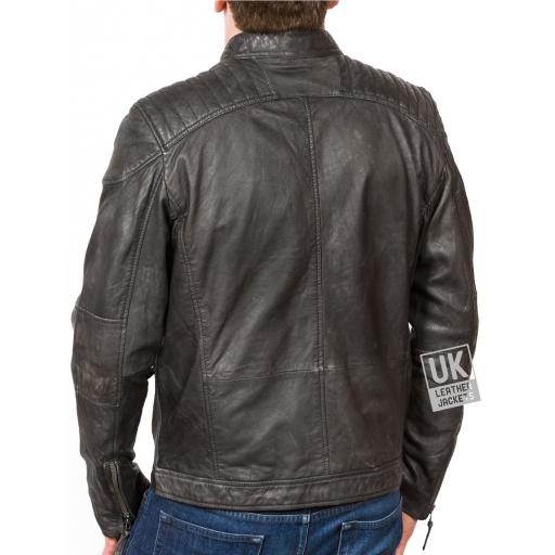Mens Charcoal Black Leather Biker Jacket - Rhett  - Back